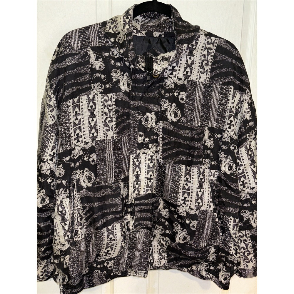 Womens Jackets Large 100% Silk Bomber VTG Stunt Sports Black Floral Abstract